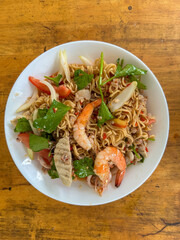 Thai spicy salad with mama noodles, Vietnamese sausage, minced pork and shrimps