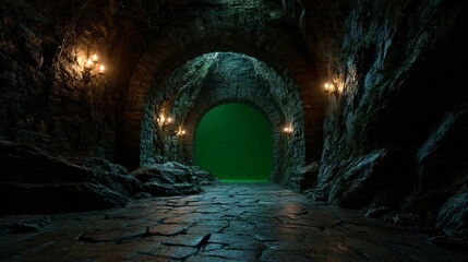 Obraz premium Ancient stone tunnel with glowing lanterns.