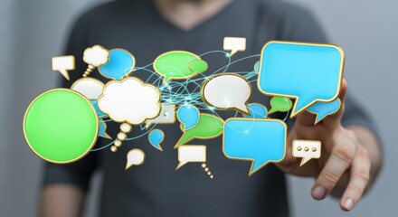 Digital Communication Concept: Person Touching Speech Bubbles Representing Connection and Social Networking in Virtual Space