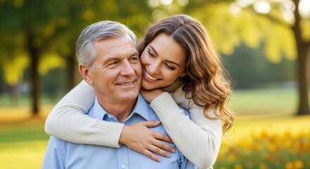 Fototapeta premium lovely adult daughter embraces her senior father from behind in a warm, heartfelt moment of love and connection. She wraps her arms gently around his chest