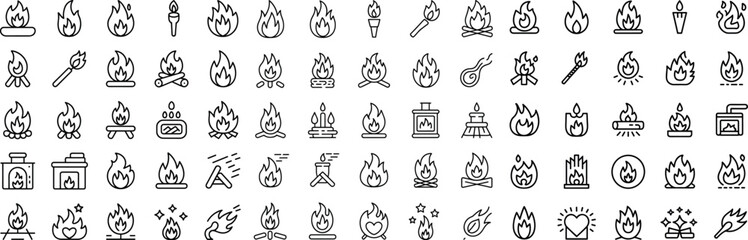 Thin line icon set of fire flame, Pixel perfect icons, vector illustration.