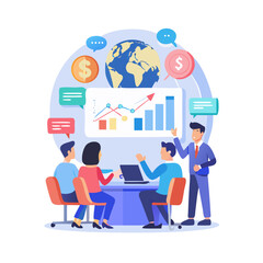 Global business growth analysis concept. Diverse team in a meeting discussing financial reports and marketing strategy. Corporate collaboration with charts, graphs, and a world ... See More