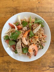 Thai spicy salad with mama noodles, Vietnamese sausage, minced pork and shrimps