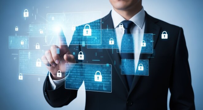Businessman Interacting with Digital Security Interface: Data Protection, Cybersecurity and Information Technology Concept - Powered by Adobe