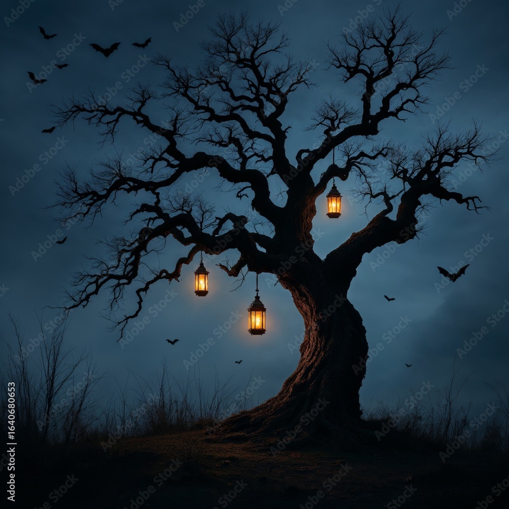 Aufkleber captivating candid photography of a mystical tree with lanterns illuminated at dusk surrounded by fl