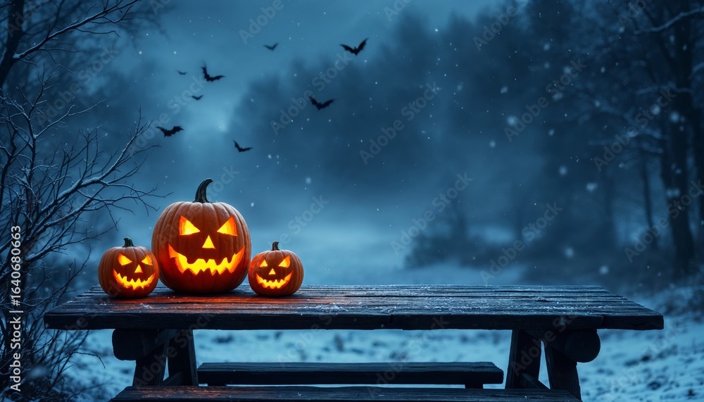 Aufkleber glowing 3d jack-o'-lanterns with carved faces on a rustic table under a moonlit sky surrounded by ba