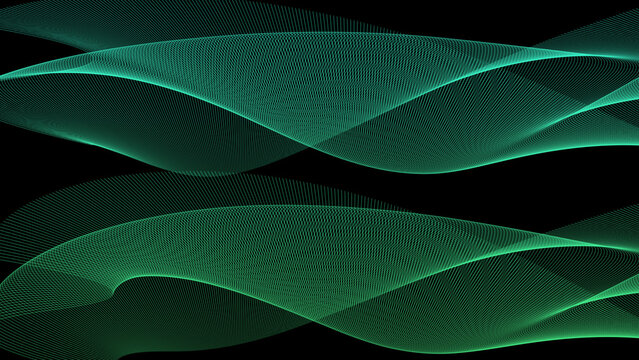 Abstract emerald green light waves forming smooth, flowing lines on a black background, creating a modern and futuristic design.Emerald Waveform Light Trails - Powered by Adobe