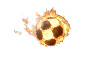Flying soccer ball engulfed in flames soaring through a transparent background while showcasing dynamic motion and energy at mid-game excitement