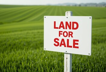 Expansive green agricultural land with clear sign indicating availability for purchase in rural area
