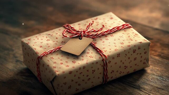 Wrapped christmas gift box with red and white string on wooden table