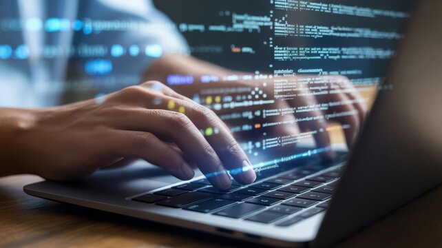 Software Development - Hands typing on a laptop with an overlay of coding text and data, symbolizing programming and digital innovation - Powered by Adobe