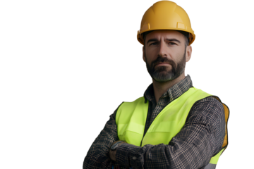 Man in yellow vest and hard hat stands confidently with arms crossed, showcasing professionalism and readiness for construction work during daylight hours