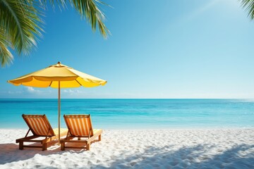 A tranquil beach scene with chairs and umbrella for a relaxing vacation