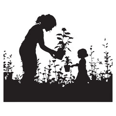 silhouette of a girl and mother looking at a tree plant