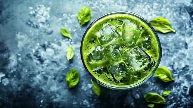video of A close-up of iced green matcha tea mixed with ice cubes and milk, served in a latte glass on a white background