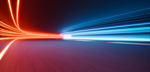3d rendering light trails crossing on a racetrack at night showing speed and competition