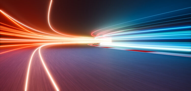 3d rendering light trails painting a racing track at night - Powered by Adobe