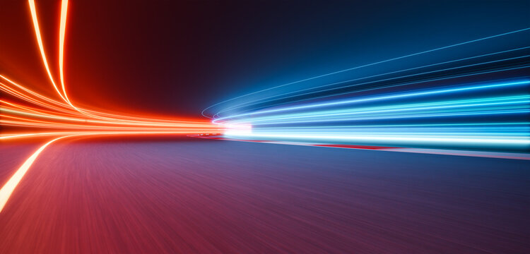 3d rendering light trails crossing on a racetrack at night showing speed and competition
