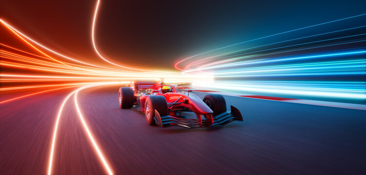 3d rendering red racing car speeding on illuminated track at night