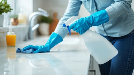 A woman wearing gloves cleans a kitchen sink, a test tube and pipette on the counter beside her as she conducts medical research.