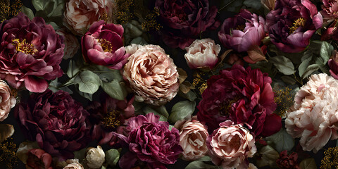 Luxurious pattern of mixed blooms in dark, moody tones for backgrounds or decor, luxurious, pattern, mixed blooms