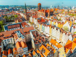 Gdansk with Motlawa river in Poland. Aerial landscape of the Main Town. Old town colourful house with saint Marys church