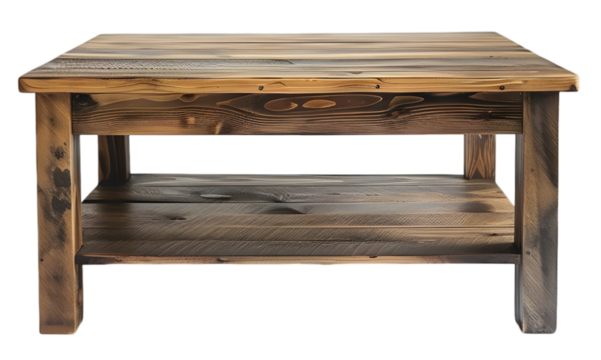 Rustic wooden coffee table with a smooth top and lower shelf, set against a neutral background