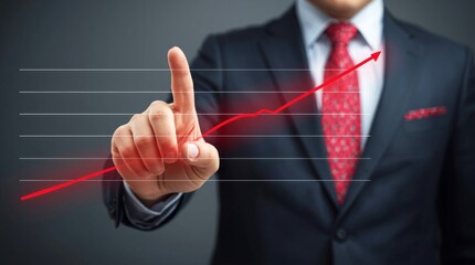 Businessman's hand pushing a virtual button on a digital touchscreen, signifying success and future technology.