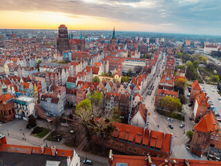 Gdansk with Motlawa river in Poland. Aerial landscape of the Main Town. Old town colourful house with saint Marys church