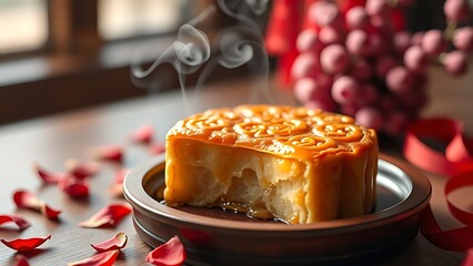 A traditional mooncake with golden crust on a lacquered tray, adorned with osmanthus petals for China National Day.