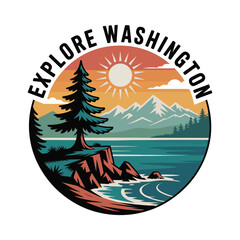 Explore Washington travel badge with scenic mountains ocean and pine tree adventure art vector illustration design,