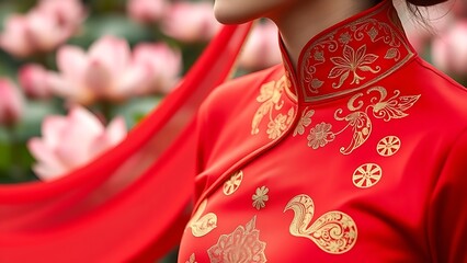 Intricate ao dai collar embroidered with golden stars, red silk flowing gracefully, blooming lotus flowers in background.