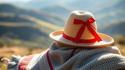 Finely woven huaso hat with a red ribbon, resting on a woolen poncho with sunlit hills in the distance.