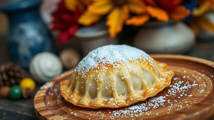 Traditional empanada on a rustic wooden plate, dusted with powdered sugar and autumn leaves behind.