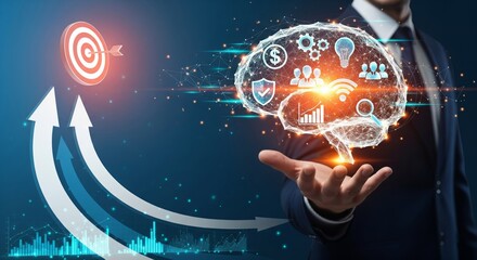 Businessman Holding Glowing Brain Network with Finance, Team and Technology 