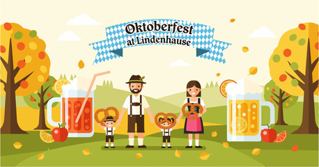 Naklejka premium A happy family in traditional Bavarian costumes celebrating an autumn festival in a park with pretzels and drinks.