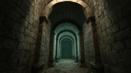 An ancient stone corridor extends into the gloom.