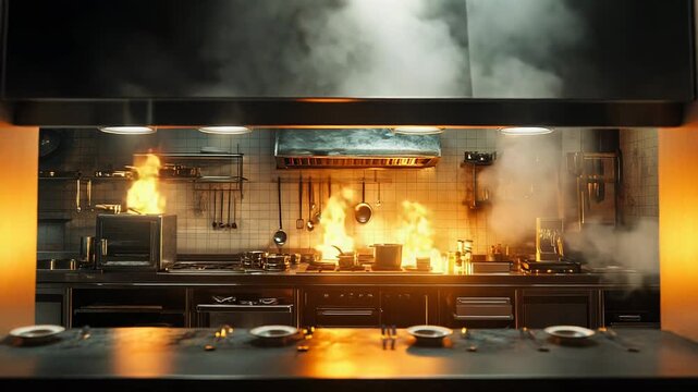 Fire burning in a restaurant kitchen with smoke and flames