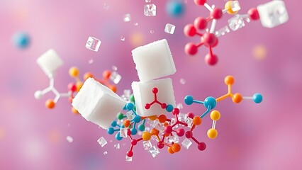 Floating sugar cubes dissolving into vibrant molecular structures, depicting metabolic balance.