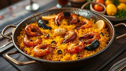Traditional paella in a copper pan, saffron-yellow rice with seafood, set on a rustic table with festive decorations.