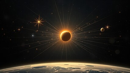 Celestial bodies linked by harmonic resonance lines, dancing in space with a fading phantom planet.