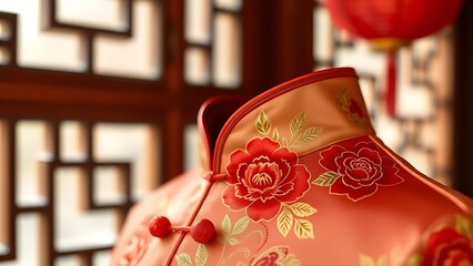 Golden chrysanthemum embroidery on ruby-red qipao, celebrating tradition in golden light.