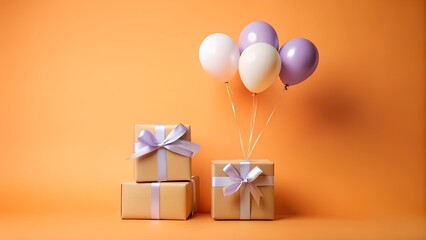 Festive gifts with balloons on orange background celebrating event