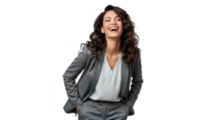 Laughing businesswoman in a grey suit isolated on transparent background