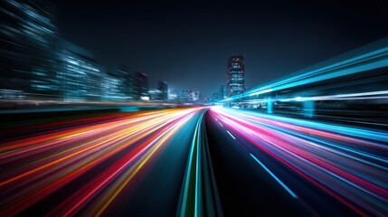 Fototapeta premium Night Cityscape with Abstract Light Trails: Modern Urban Mobility and Speed Concept