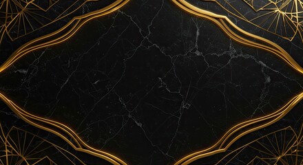 Elegant Black Marble Background with Golden Art Deco Frame.