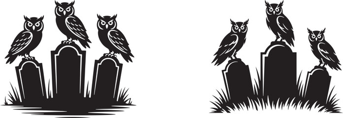 Halloween owls on tombstones silhouette, spooky graveyard scene with birds vector graphic design set.