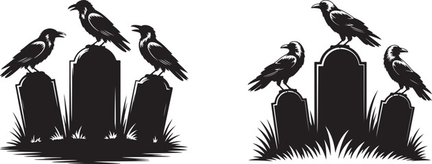Ravens on tombstones silhouette set. Spooky Halloween graveyard scene vector graphic illustration.