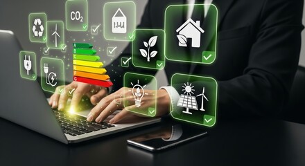 Businessman Using Laptop with Augmented Reality Energy Efficiency Rating and Eco Icons for Renewable Energy and Sustainability
