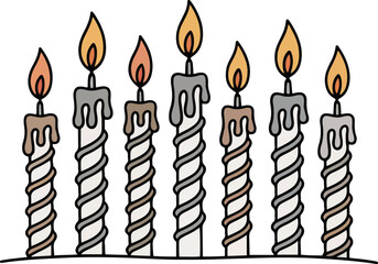 vector doodle of seven burning candles for Hanukkah, Christmas, or birthday celebration, festive holiday party illustration.